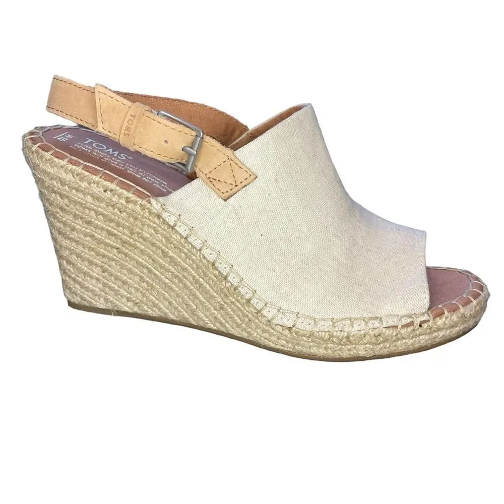 Tom's Monica Wedge Espadrille Adjustable Strap Creme Color Open Toe Size 10